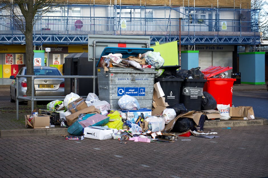 A row of large, wheelie bins in an outdoor setting, positioned on a paved area beside a brick wall. The bins are primarily blue, with green and red lids arranged alternately along the line. The green